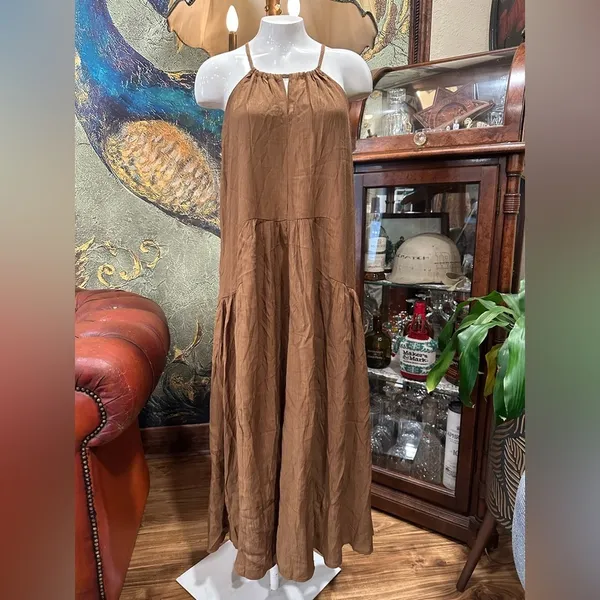 PRLA Boho Glam Tiered Maxi Dress Brown Halter Neck Sleeveless Medium NWT - Image 3