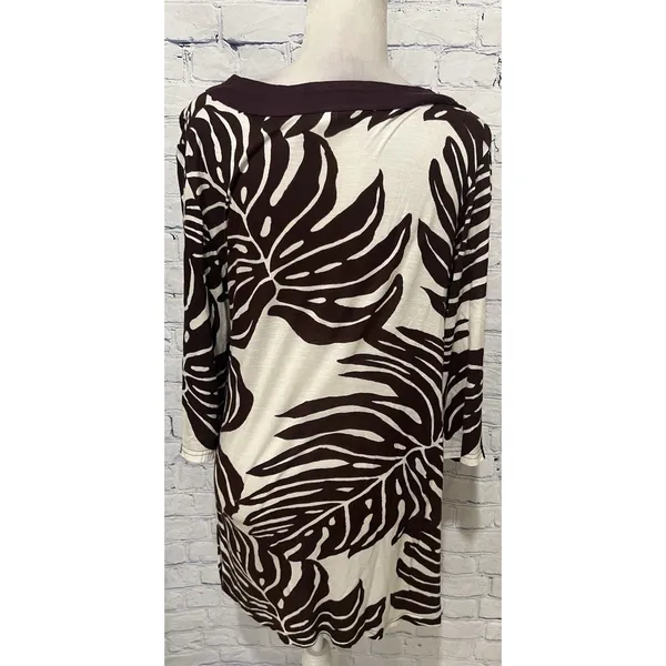 CZ Cover Ups Women's 3/4 Sleeve Leaf Print Tunic Brown & Cream swim cover Small - Image 4