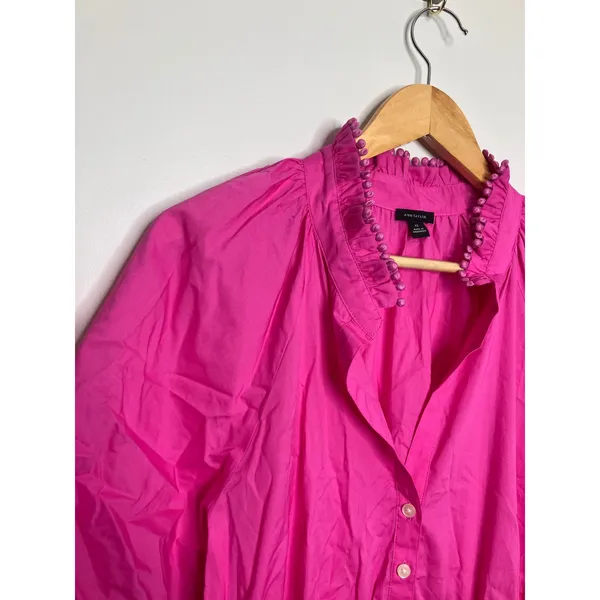 Ann Taylor Shirt Dress Womens 12 Pink Excellent Pom Ruffle Puff Sleeve Belted - Image 6
