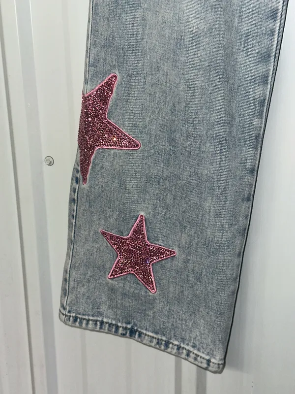 Y2K Barbiecore Pink Rhinestone Star Wide Leg Jeans Bedazzled Festival Glam - Image 7
