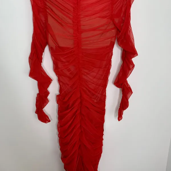 Miss Circle Jimena Red Ruched Mesh Long Sleeve Dress Womens New Medium - Image 5