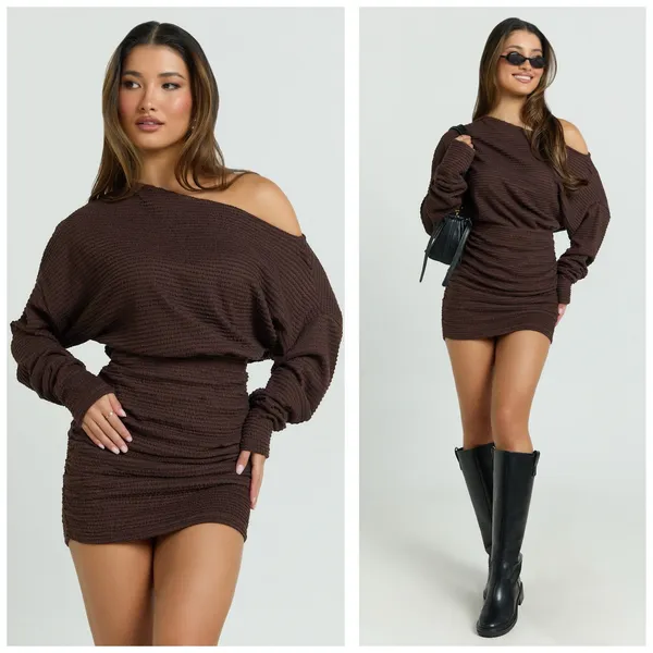 Showpo Alyce Mini Dress Size 4 Brown Ruched Off Shoulder Textured Knit - Image 2