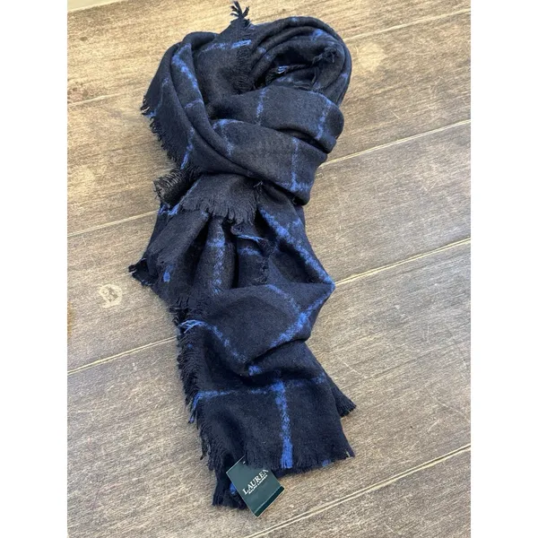 Lauren Ralph Lauren Blue Checked Large‎ Scarf Shawl 25•84" Fringe - Image 7