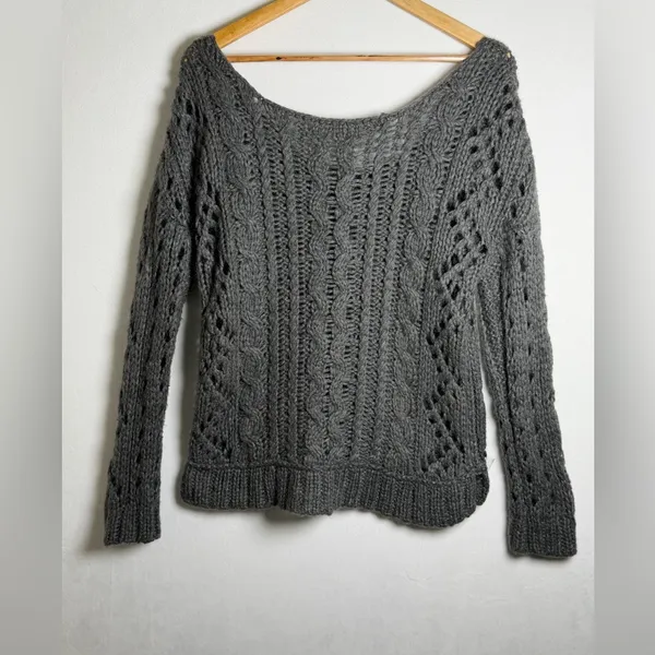 Free People Women’s Chunky Open Cable Knit Mohair Wool Blend Sweater Gray Sz M - Image 8