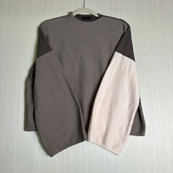 Miou Muse Brown Cream Colorblock Oversized Knit Sweater Wide Sleeve M MMT1529 - Image 5