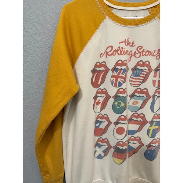 The Rolling Stones Women Sweatshirt M International Flags Raglan Yellow Cream - Image 13