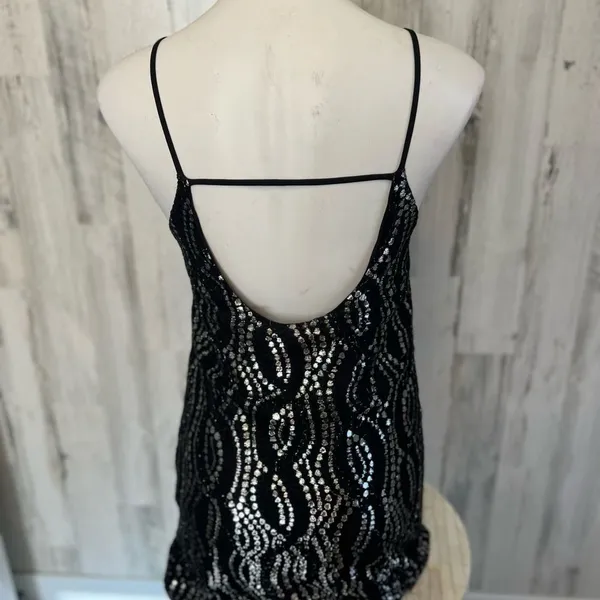 6 Sisters Black Silver Sequin Bodycon Mini Dress Womens Size Small S Backless Ca - Image 3