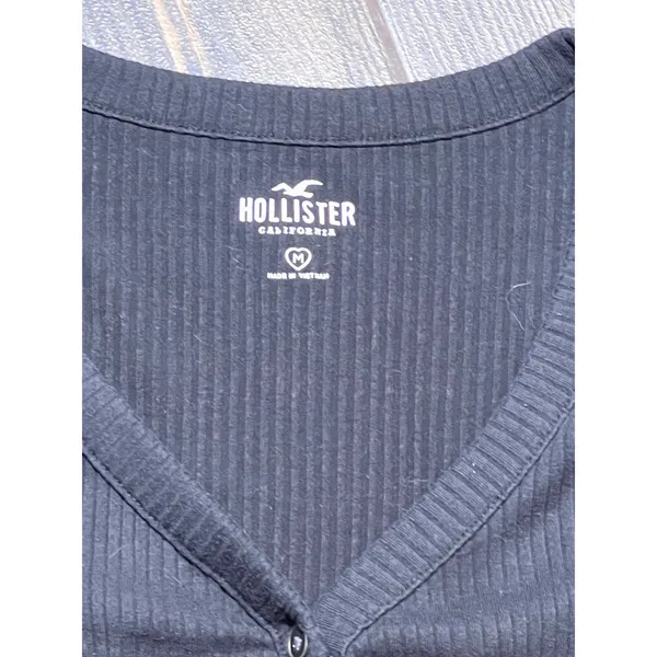Hollister Black‎ Ribbed V Neck Button Front Tie Waist Long Sleeve Top Medium Y2K - Image 4