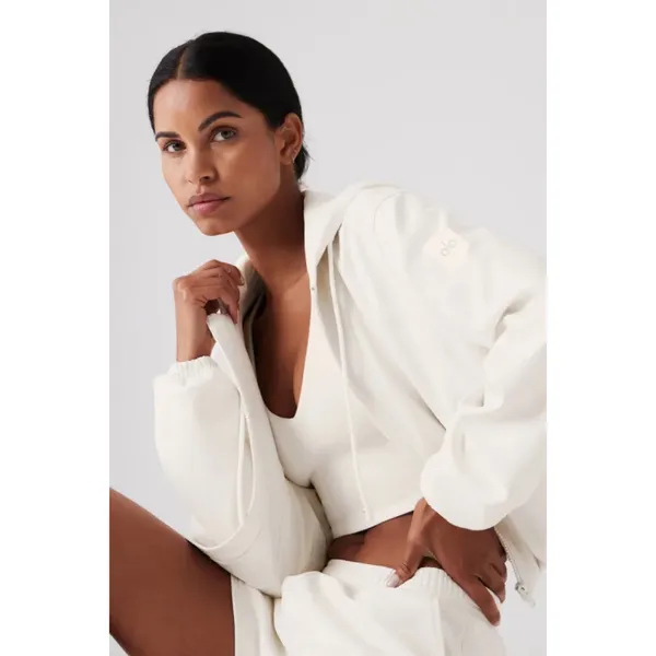 Alo Yoga Faux Leather Power Hour Full Zip Cropped Jacket Ivory XS - Image 6