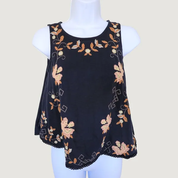 Free People Embroidered Swing Tank Top Women XS Navy Blue Floral Open Back Boho - Image 3
