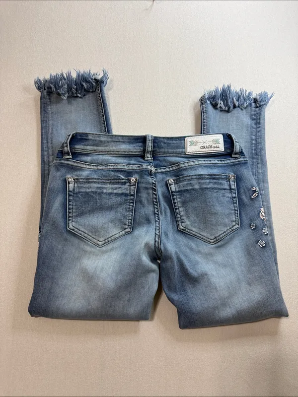 Grace Light Blue Cropped Embroidered Frayed Hem Jeans - Image 2