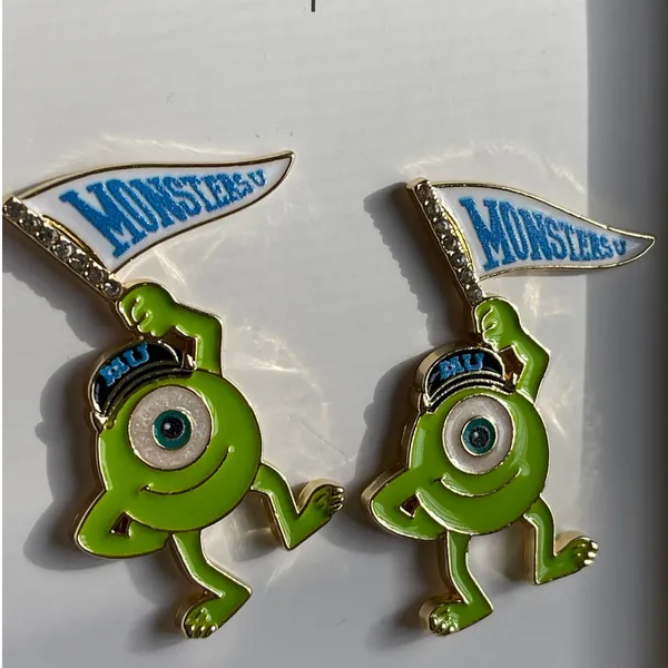 Disney Pixar BaubleBar Monsters Inc Mike Wazowski Earrings Flag NEW Green Gold - Image 3
