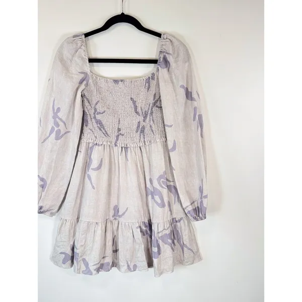Aritzia Babaton Dress Gray Mini Floral Organic Linen Smocked Babydoll Boho Small - Image 5