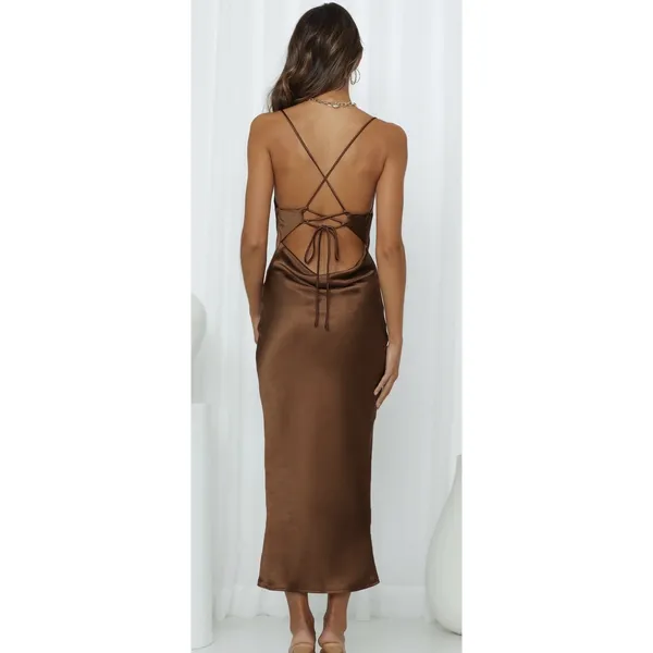 Hello Molly Dress Womens XS Beige Satin Cowl Neck Tie Back Slip Maxi Formal - Image 7