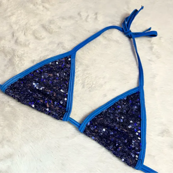 Royal Blue Sequin Triangle String Bikini Top Size Small - Image 3