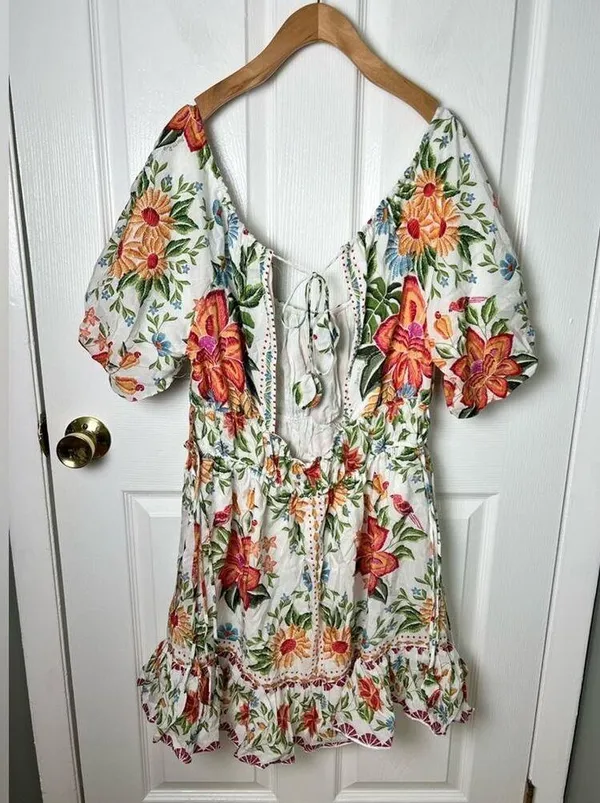 Farm Rio Off-White Bloom Garden Euroflax Premium Linen Mini Dress L - Image 7