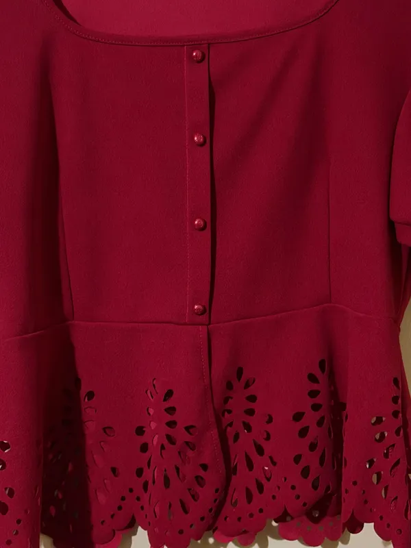 SHEIN Blouse Red Laser Cut Peplum Puff Sleeve Button Front XL Women - Image 3
