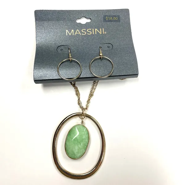 Massini Womens Necklace Earrings Set Green‎ Stone Gold Boho Statement Jewelry - Image 5