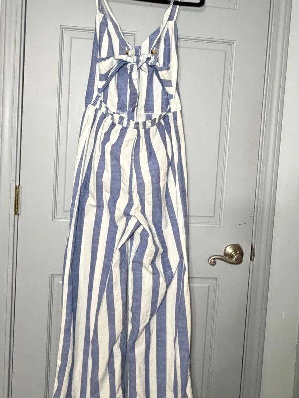 Japna Blue and White Vertical Stripe Wide-Leg Jumpsuit - Image 2