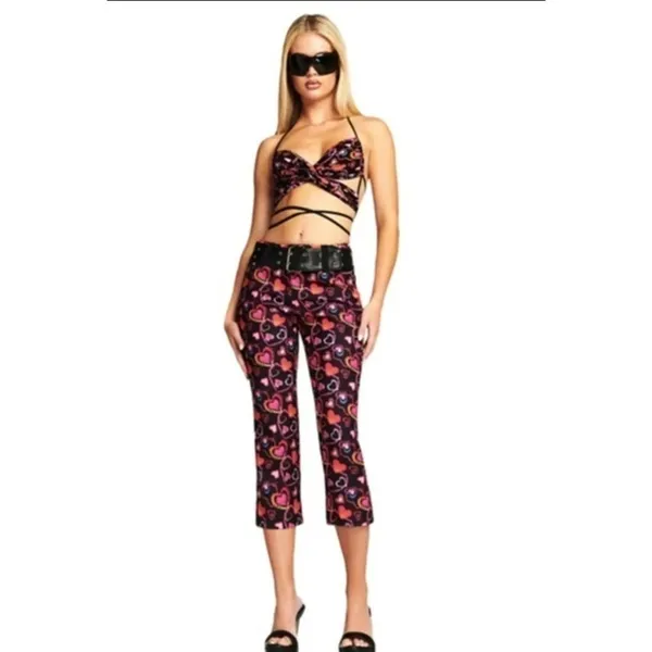 I.AM.GIA Womens Rylee Cropped Pants Black Pink‎ Hearts Stretch XS - Image 15