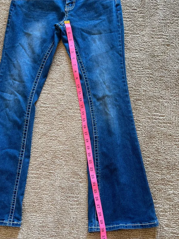Y2K Western mid rise Leather bull Embellished Dark Blue Jeans - Image 7