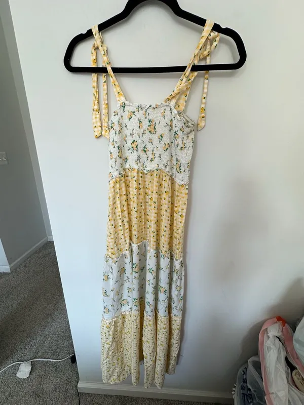 Bebop Women's Yellow Floral Gingham Tiered Smocked Maxi Dress Size XS - Image 6