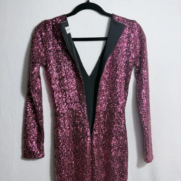 Dress the Population Pink Sequin Deep V-Neck Long Sleeve Sheath Mini Dress Sz S - Image 8