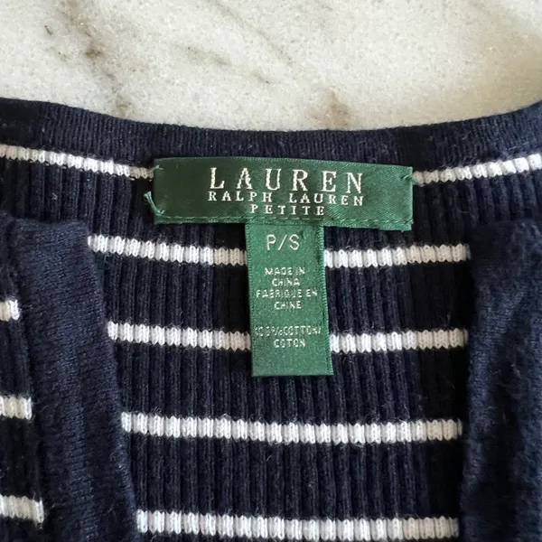 Lauren Ralph Lauren Petite Striped‎ Knit Top 3/4 Sleeve Button Accent - Image 2