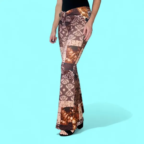 SHEIN Brown Tan Patchwork Hippie Flare Festival Pants - Image 2