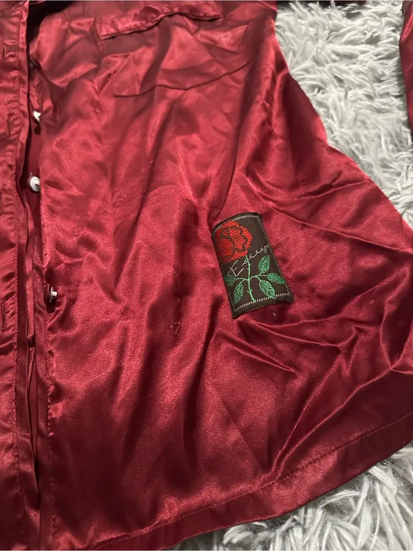 Maroon Burgundy Silky Button Up Pajama Shortsleeve Top size small loungewear - Image 2