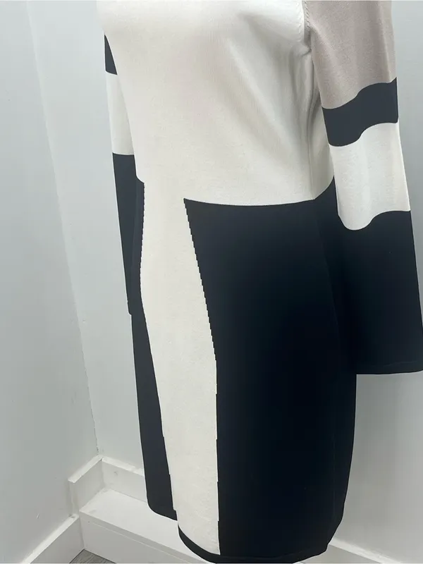 Calvin Klein Black White Taupe Long Sleeve Colorblock Knit Midi Dress Medium - Image 2