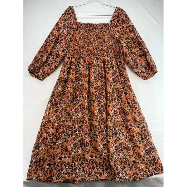 Beach Lunch Lounge Smocked Midi Dress Animal Print Long Sleeve‎ Casual XL - Image 8