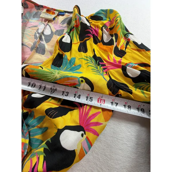 Farm Rio for Anthropologie Toucan Print Wrap Top Orange Yellow Beaded Tassel XS - Image 7