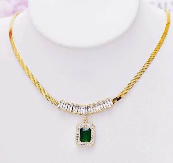 Green Stone Square Pendant Gold Necklace - Image 3