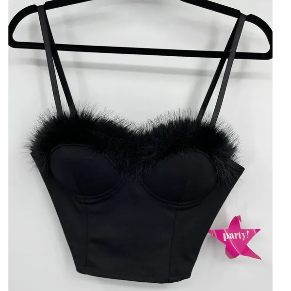 Say What Black Faux Fur Feathers Trim Bustier Crop Top Corset Padded Large NEW - Image 8
