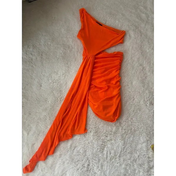 Lulus Neila Orange One-Shoulder Cutout Sash Mini Dress Size Medium Party Sexy - Image 3