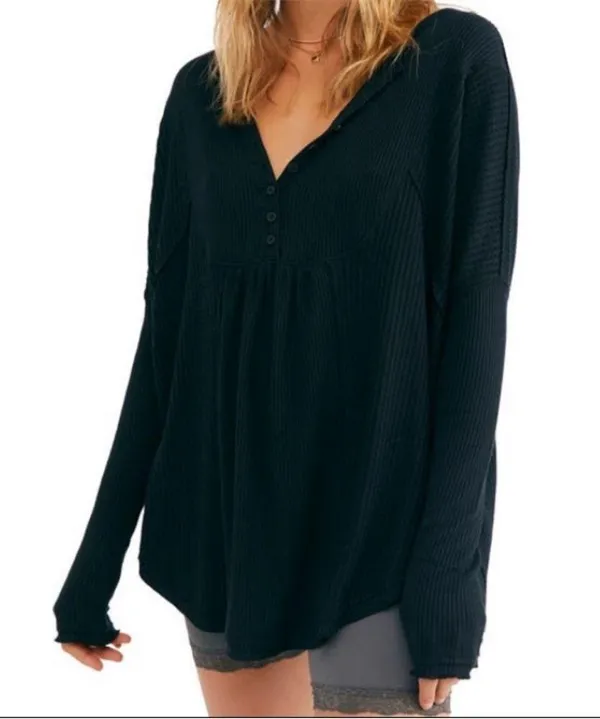 Free People Leo OverSized boxy waffle knit Henley Top long sleeve Black S - Image 3