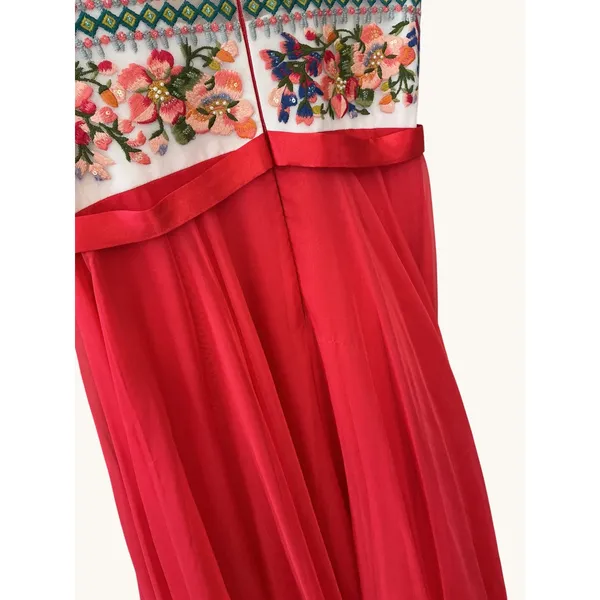 Sherri Hill Red Floral Embroidered Beaded Chiffon A-Line‎ Evening Gown Dress 10 - Image 5
