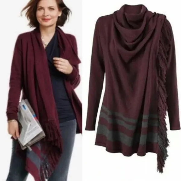 CAbi Port Wine‎ Fringe Wrap Cardigan Sweater - Image 2