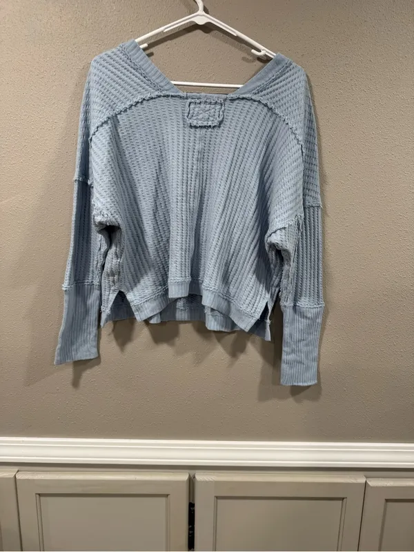 Free People Sky Blue Waffle V-Neck Long Sleeve Top - Image 6
