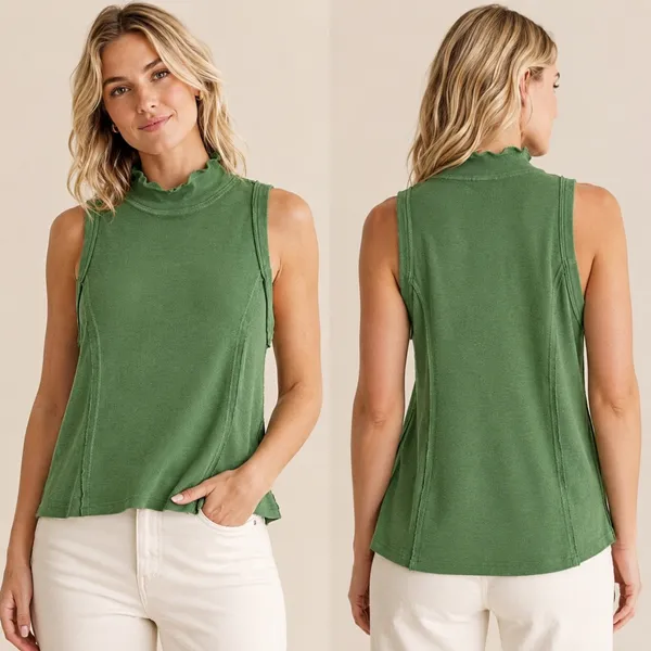 Pilcro Anthropologie Tank Top‎ Womens M Green Mock Neck Ribbed Raw Edge Boho - Image 2