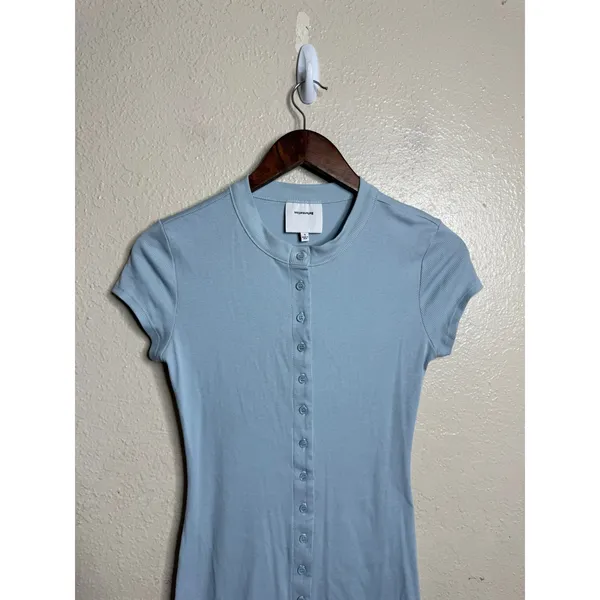 Reformation Raelynn Knit Mini Dress size S Light Blue Button Front Short Sleeve - Image 3