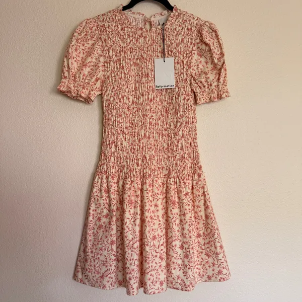 Reformation Leannah Pink Floral Smocked Mini Dress Organic Cotton Puff Sleeve 2 - Image 2