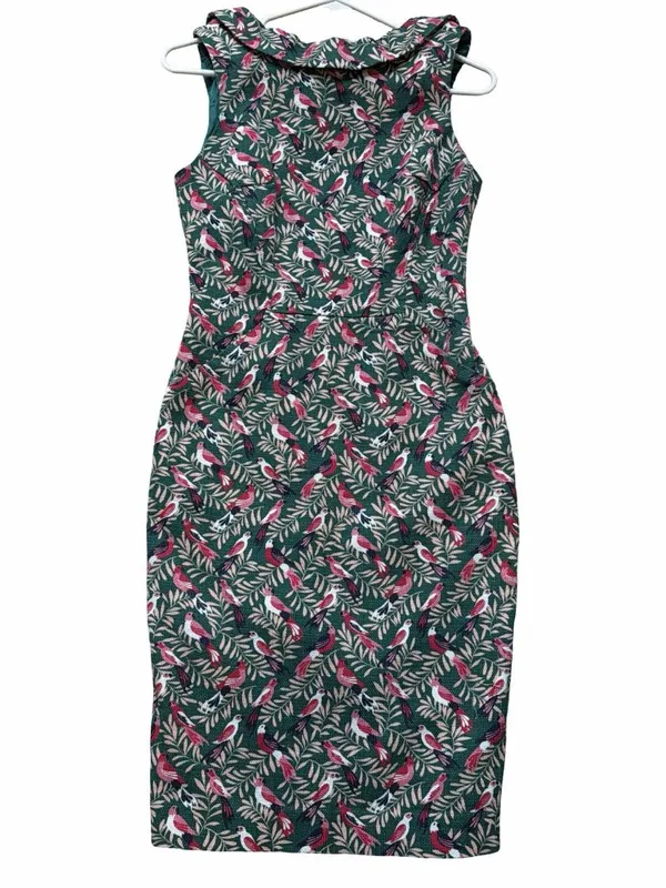 Boden Martha Dress Green Tropical Bird Print Sleeveless Roll Collar Pockets 6R - Image 2
