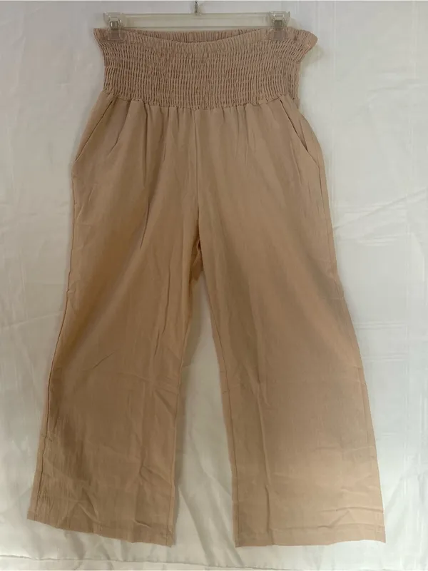 Plus size Linen/Cotton high elastic waist wide leg beige pants W/pockets 18/20 - Image 5