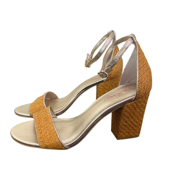 Lilly Pulitzer Chunky Block Heel Sandals Size 9.5 Metallic Gold‎ Open Toe Straw - Image 9