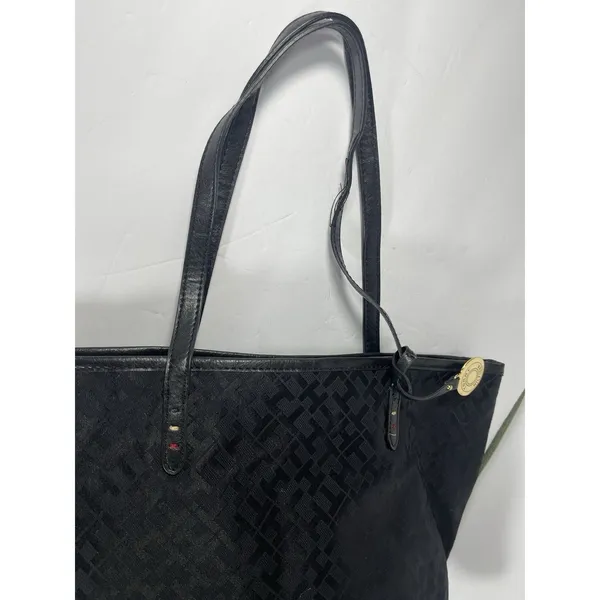 Tommy Hilfiger Black Logo Tote Bag Gold Hardware Bag Charm Zipper Accents - Image 6