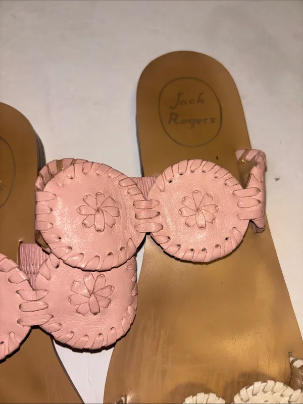 Jack Rogers Pink And Off White Leather Straps Floral Design Size 7.5 Preloved - Image 8