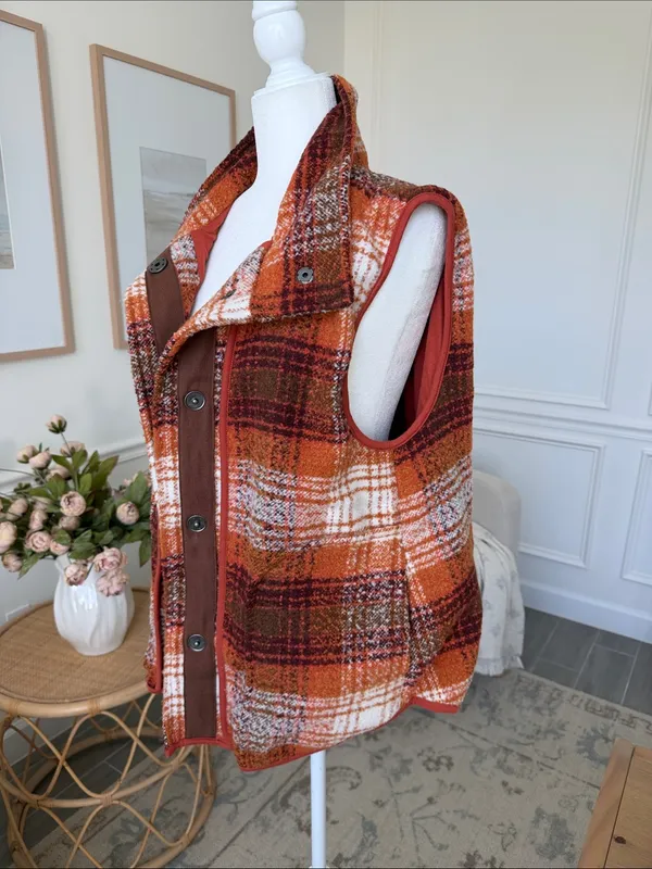 Free People Wrapped Up Blanket Vest Orange Plaid Wool Blend S - Image 6
