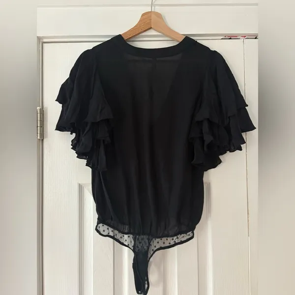 Free People Call Me Later Black Ruffle Sleeve‎ Bodysuit Blouse Size XS - Image 5